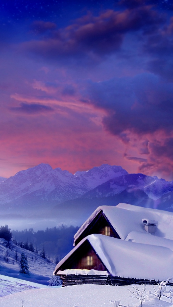 Brown Wooden House on Snow Covered Ground Near Snow Covered Mountain During Daytime. Wallpaper in 720x1280 Resolution