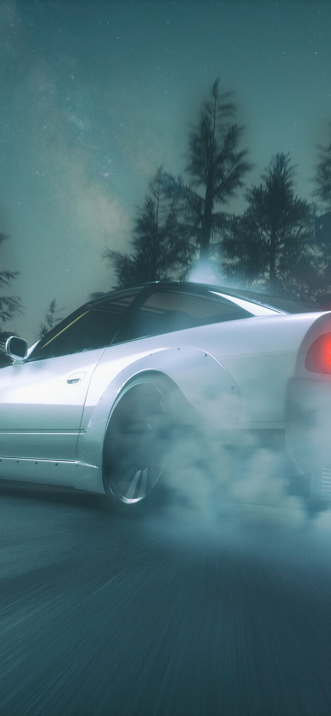 Coche Blanco y Rojo en la Carretera Durante la Noche.. Wallpaper in 1125x2436 Resolution