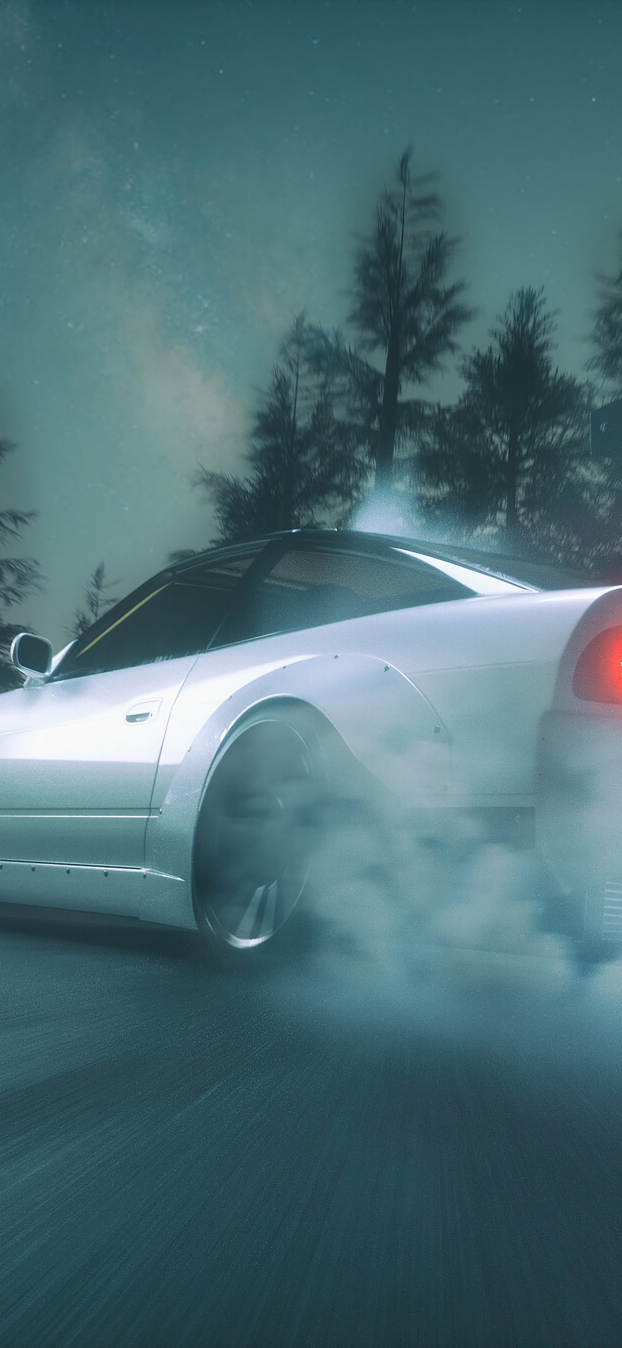 Coche Blanco y Rojo en la Carretera Durante la Noche.. Wallpaper in 1242x2688 Resolution