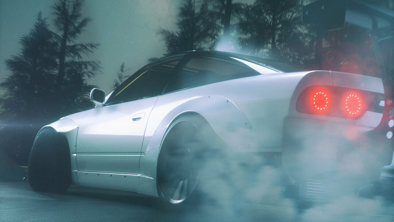 Voiture Blanche et Rouge Sur Route Pendant la Nuit. Wallpaper in 1366x768 Resolution