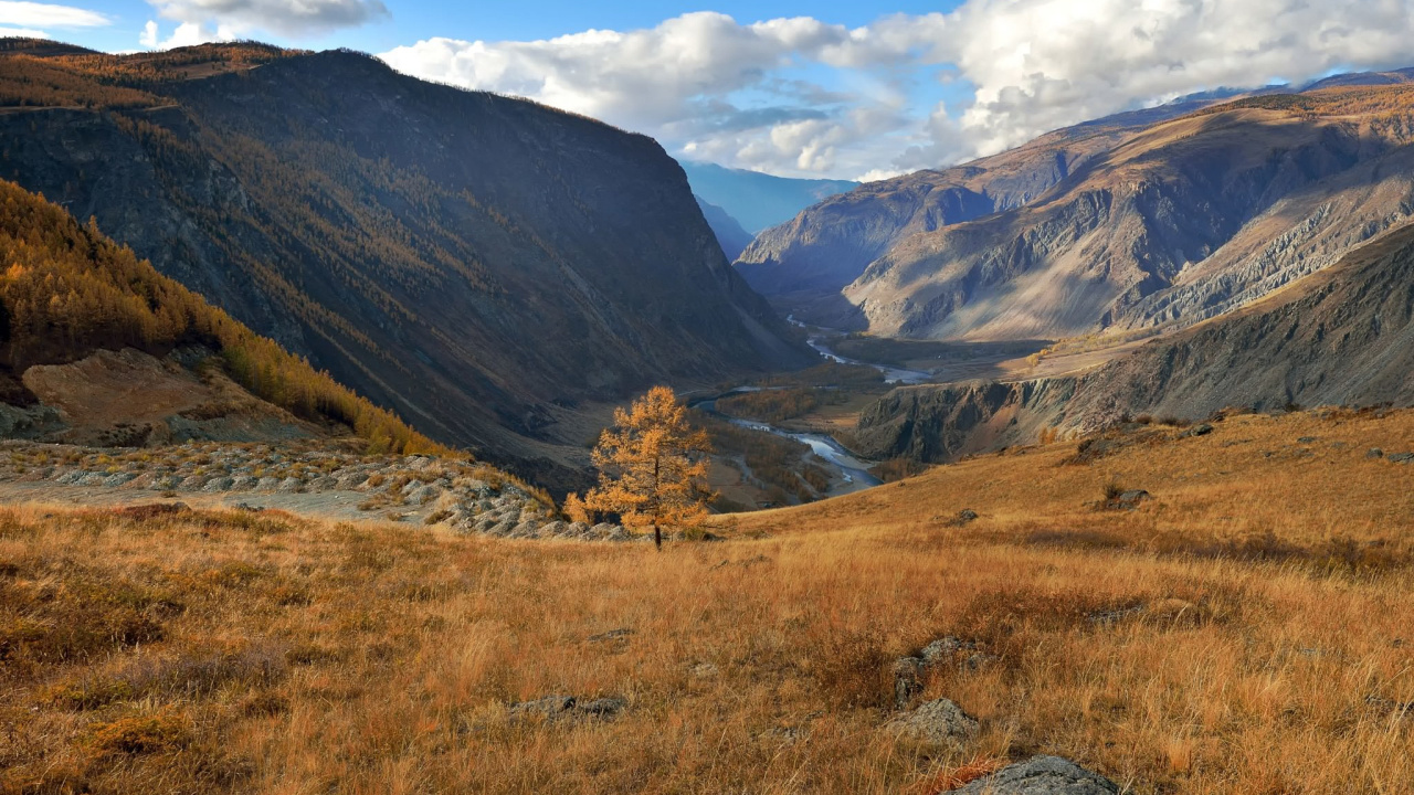 Champ D'herbe Brune Près de la Montagne Brune Sous Des Nuages Blancs et un Ciel Bleu Pendant la Journée. Wallpaper in 1280x720 Resolution