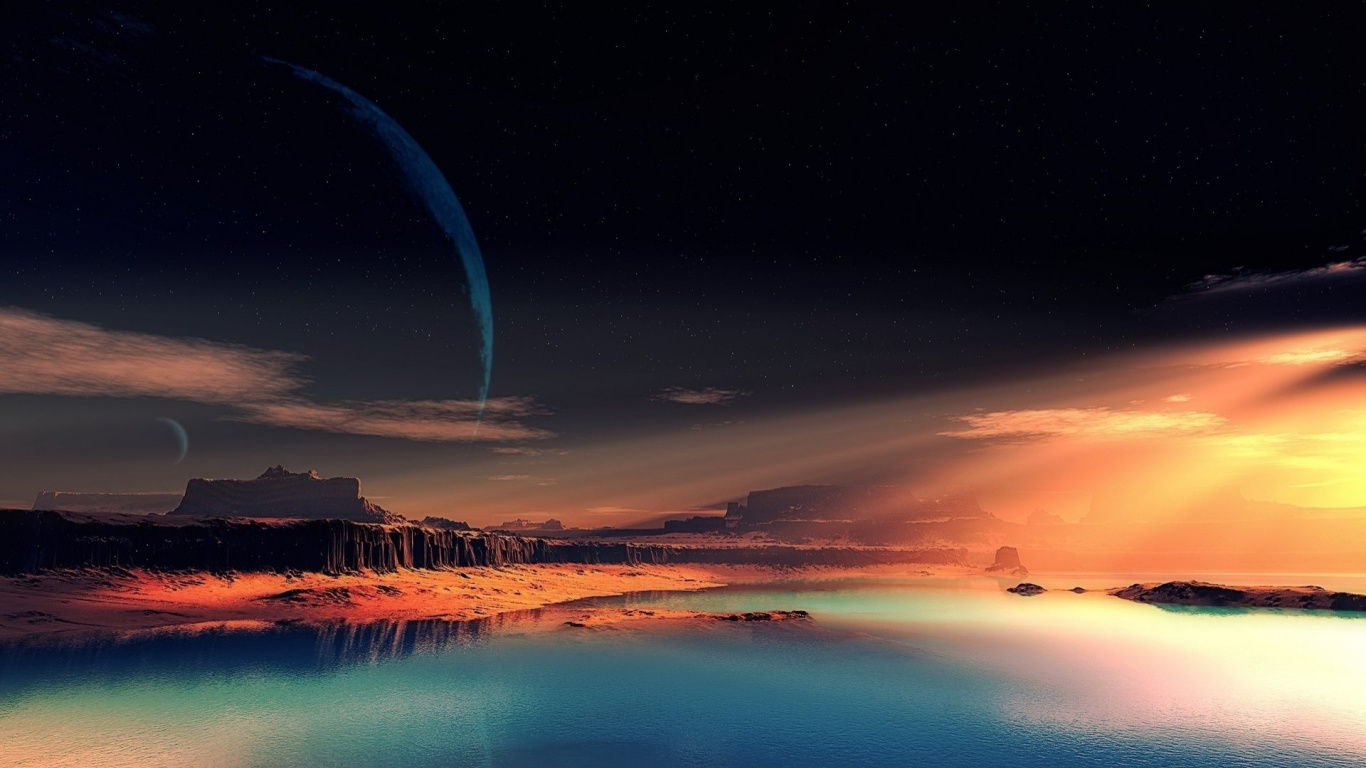 Body of Water Under Blue Sky With Rainbow During Sunset. Wallpaper in 1366x768 Resolution