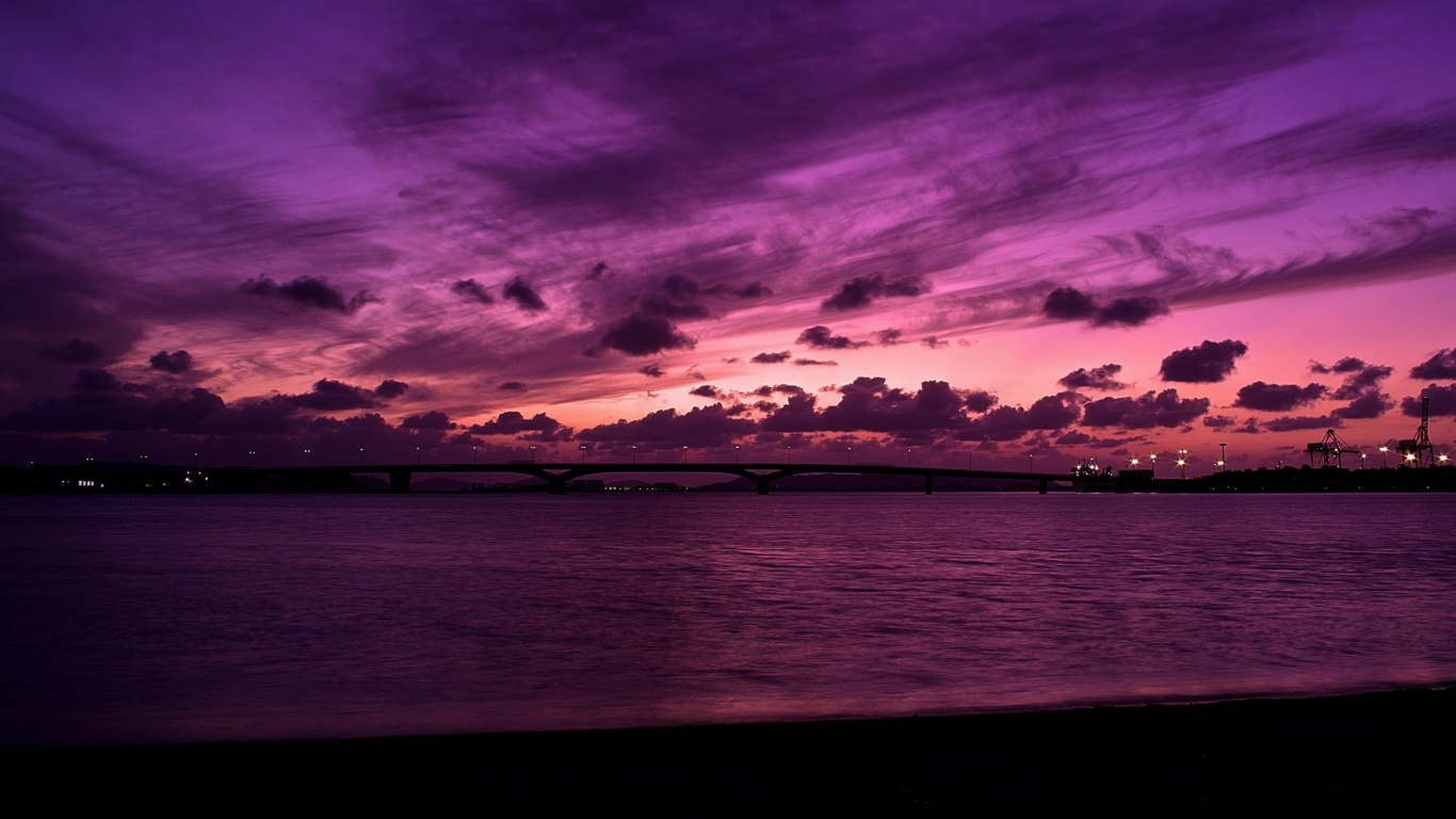 紫色的, 余辉, 地平线, 日落, 光 壁纸 1366x768 允许