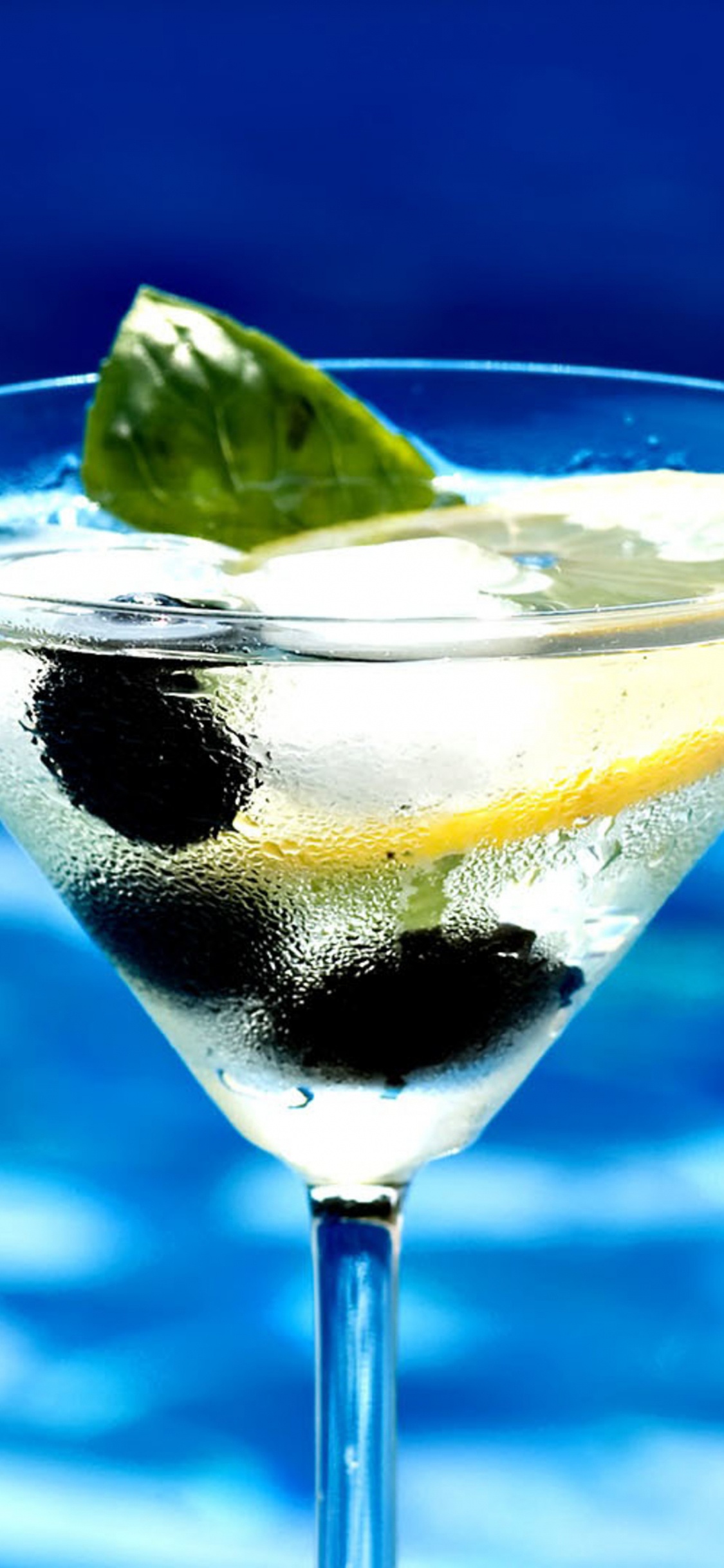Clear Cocktail Glass With Sliced Lemon and Black Liquid. Wallpaper in 1125x2436 Resolution