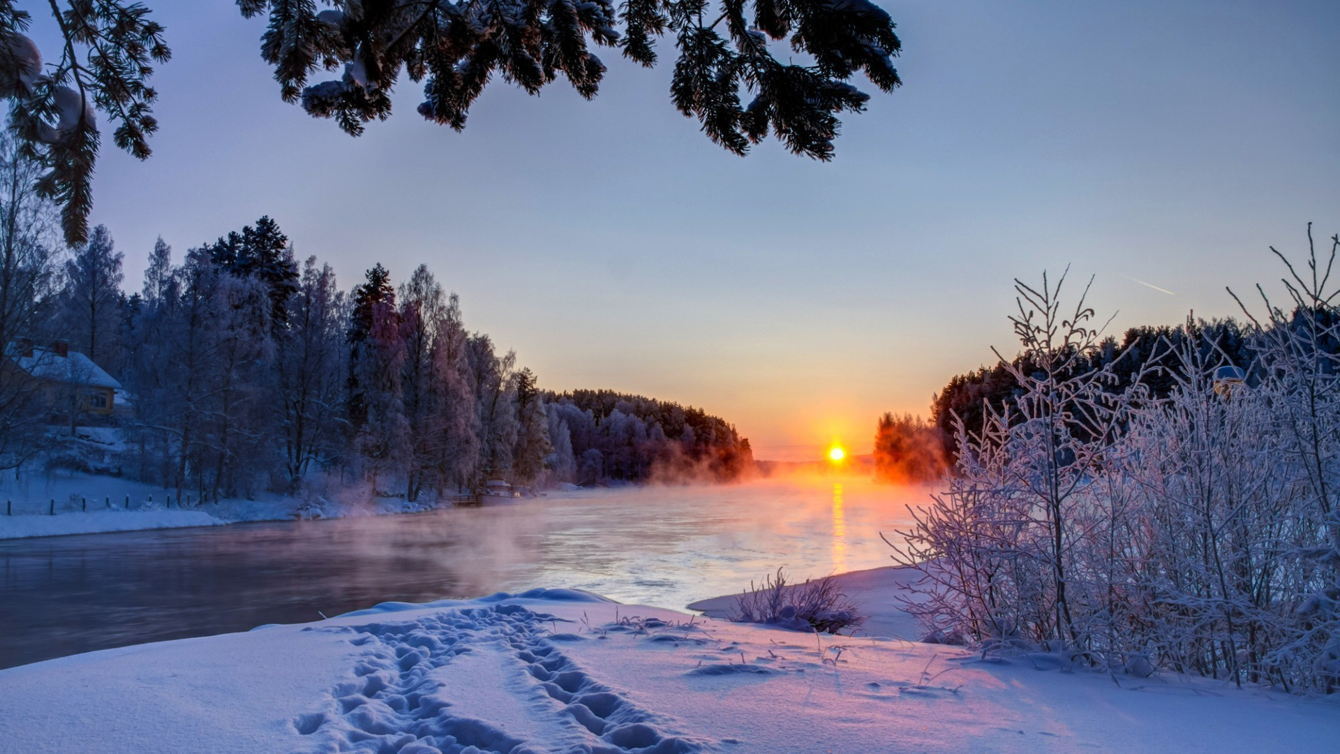 Champ Couvert de Neige au Coucher du Soleil. Wallpaper in 1920x1080 Resolution