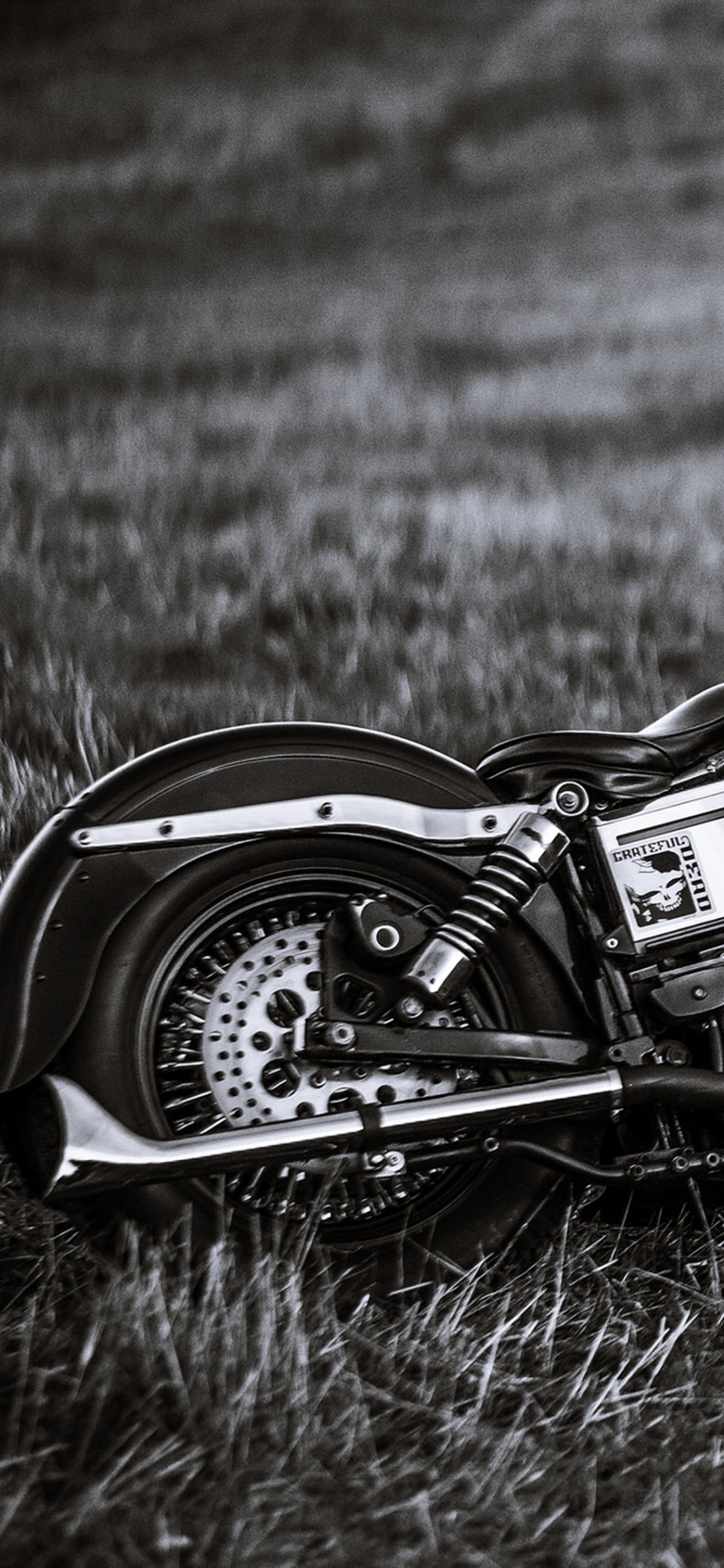 Photo en Niveaux de Gris de Moto Cruiser Sur Terrain en Herbe. Wallpaper in 1125x2436 Resolution