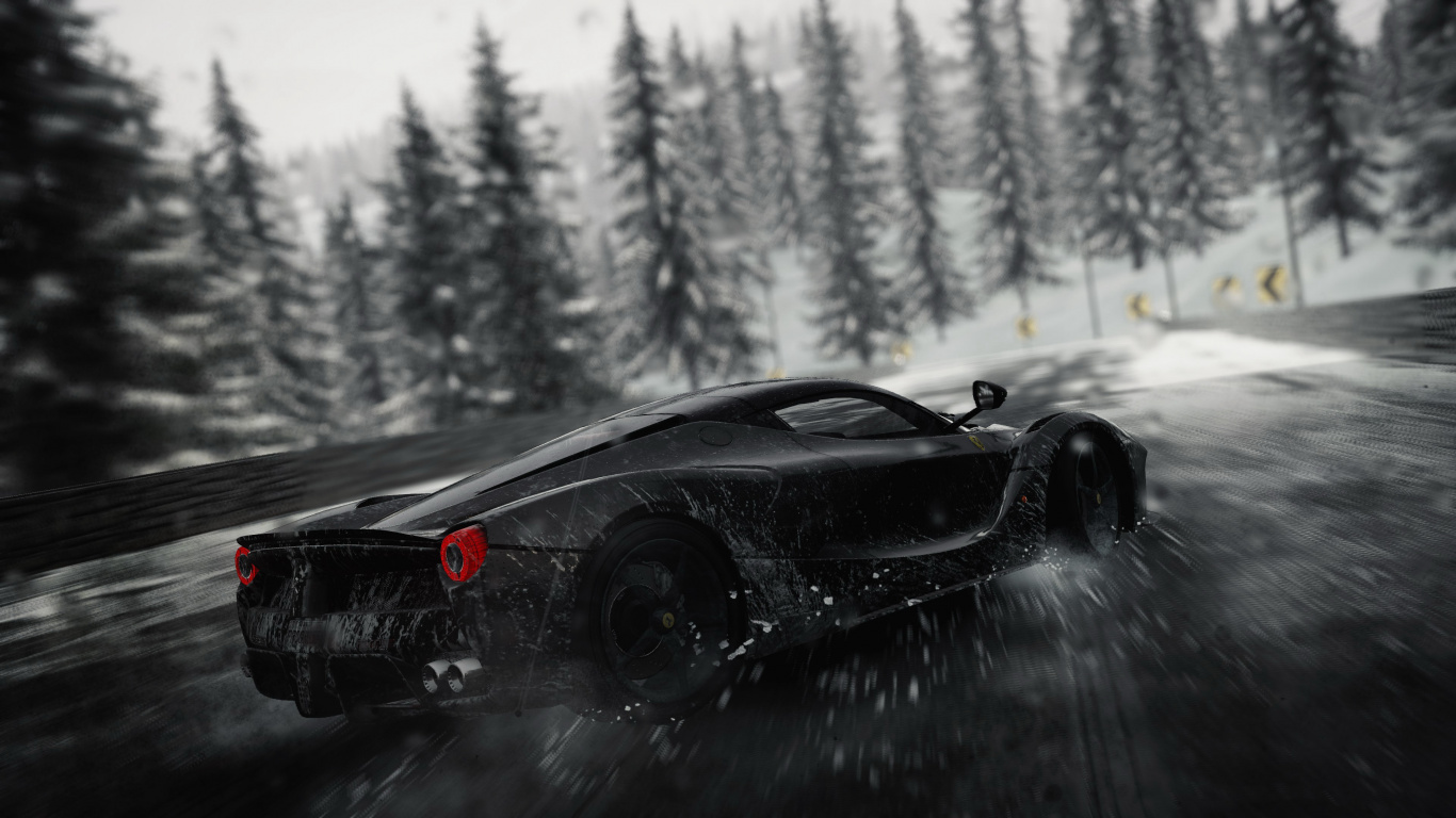 Ferrari 458 Italia Negro Sobre Carreteras Cubiertas de Nieve. Wallpaper in 1366x768 Resolution
