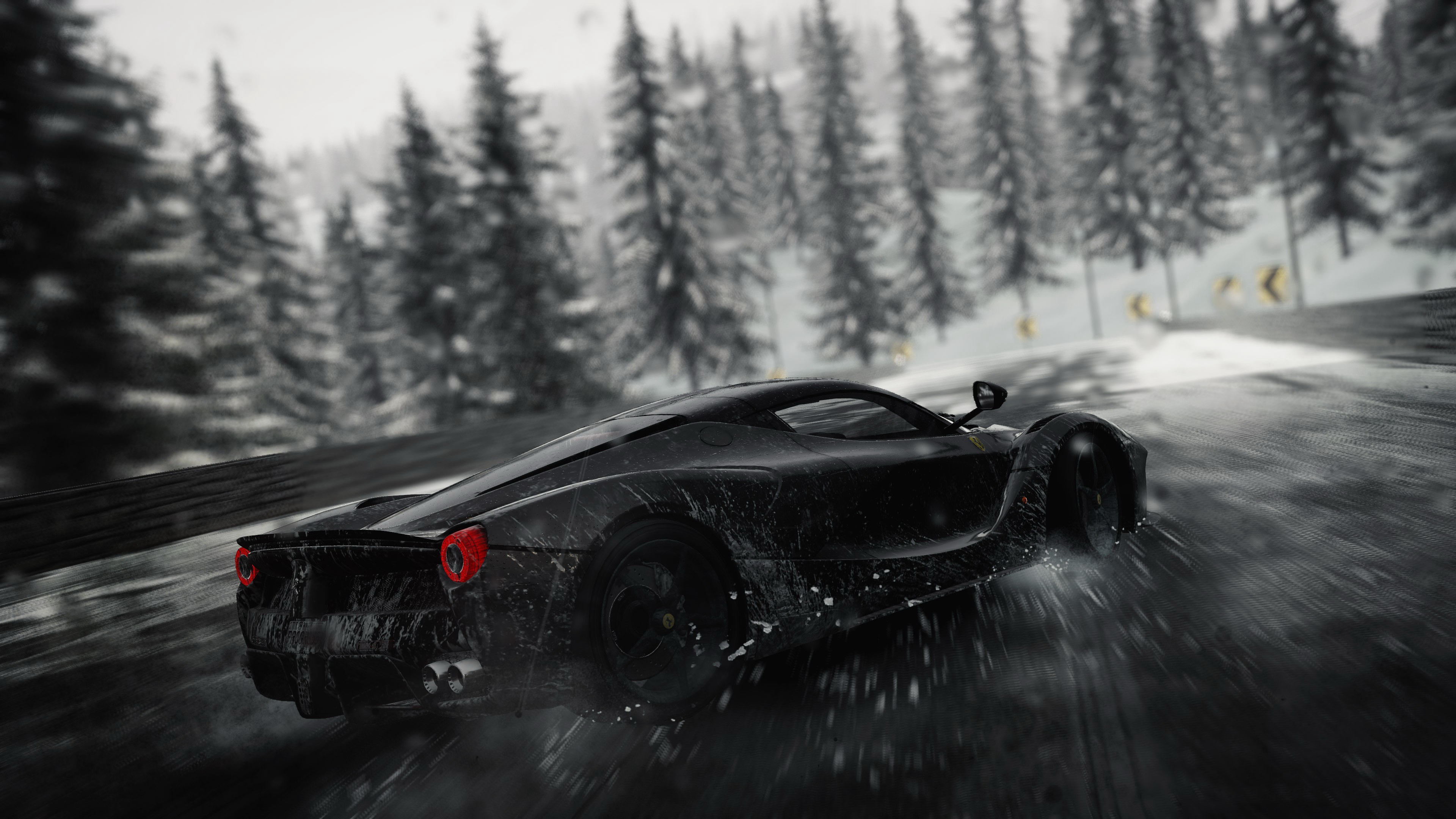 Ferrari 458 Italia Negro Sobre Carreteras Cubiertas de Nieve. Wallpaper in 3840x2160 Resolution