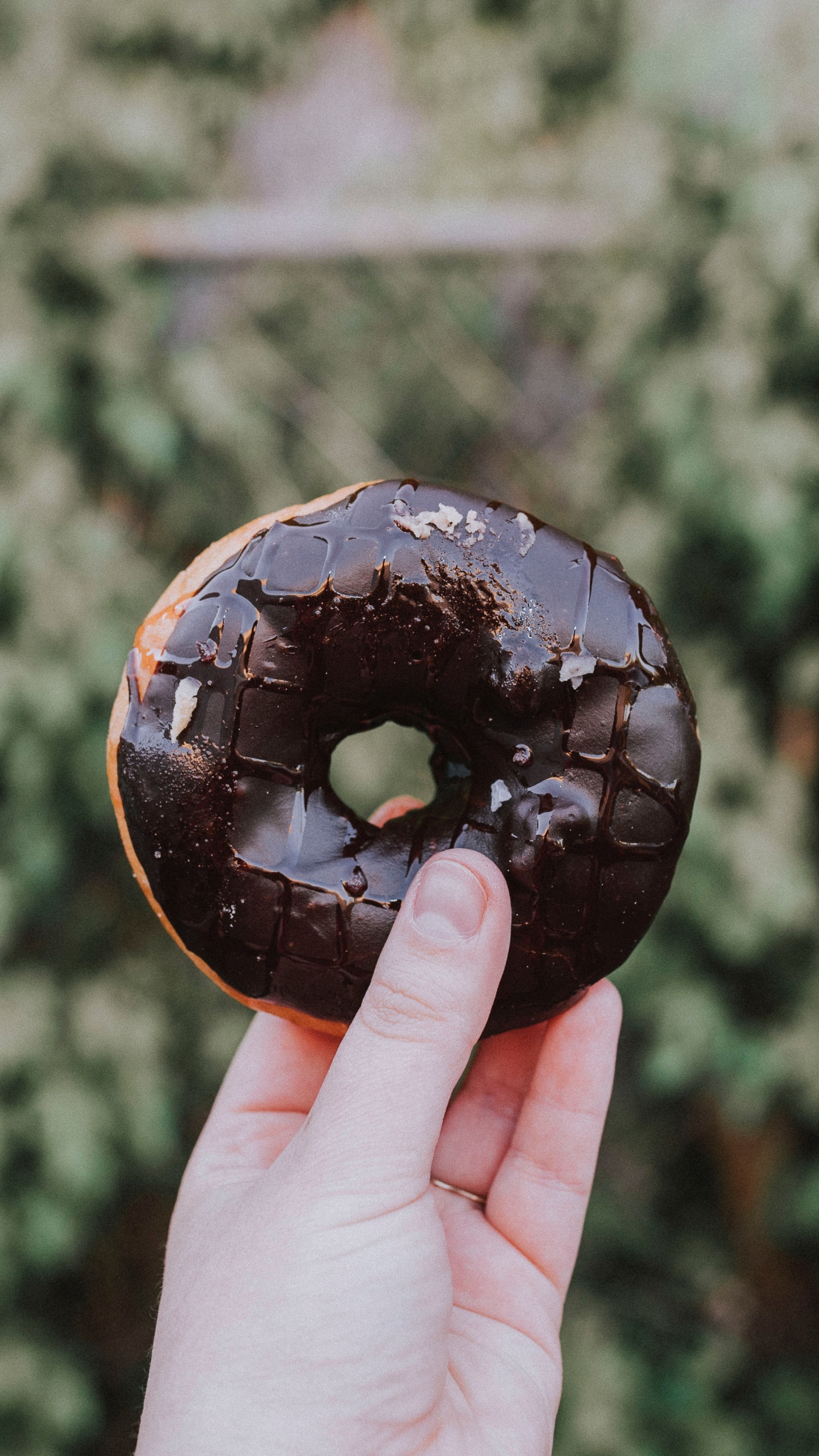 Person Mit Schokoladenüberzogenem Donut. Wallpaper in 1440x2560 Resolution