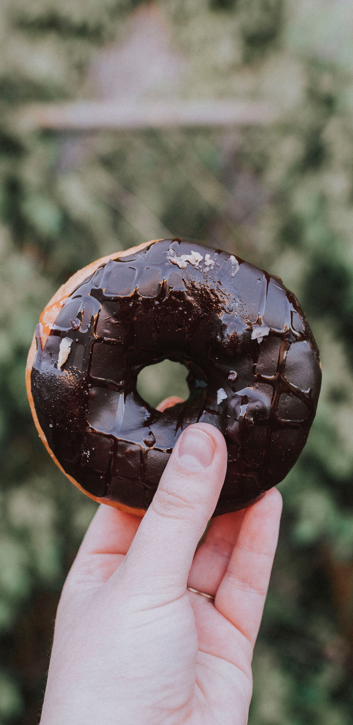 Person Mit Schokoladenüberzogenem Donut. Wallpaper in 1440x2960 Resolution