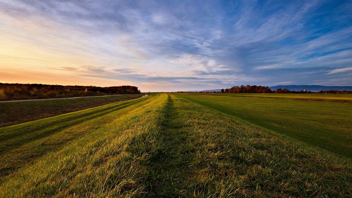 Tagsüber Grüne Wiese Unter Blauem Himmel. Wallpaper in 1366x768 Resolution