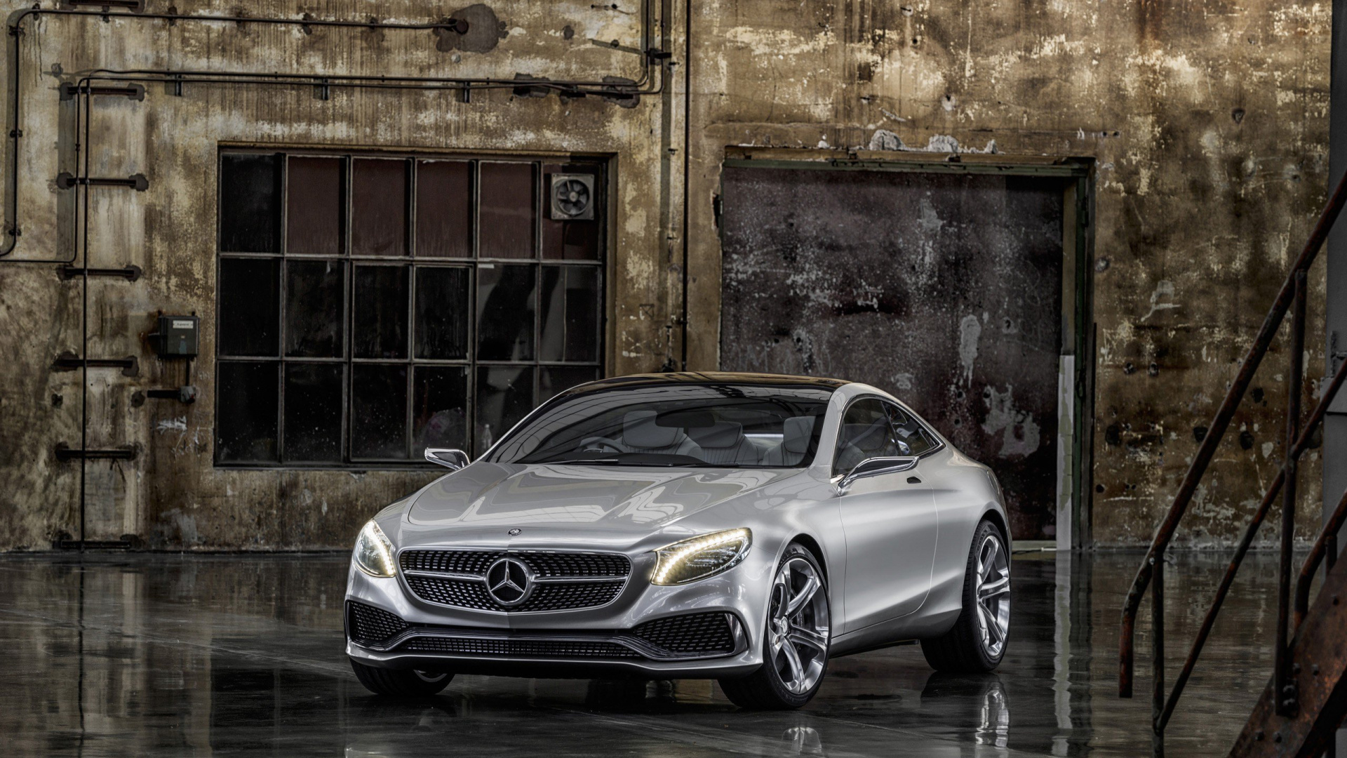 Silver Mercedes Benz Coupe Parked Beside Brown Brick Wall. Wallpaper in 1920x1080 Resolution