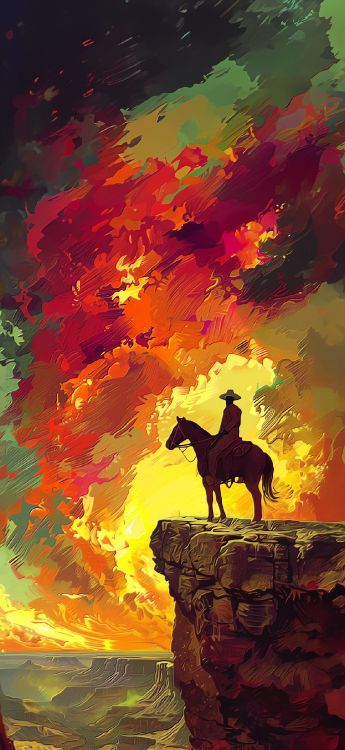 Cowboy, Malerei, Kunst, Western, Natur. Wallpaper in 1179x2556 Resolution