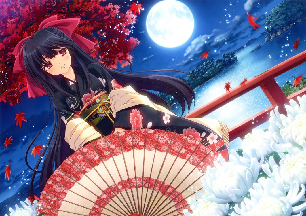 black haired woman in black and white kimono holding umbrella anime character