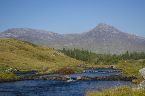 Image green grass field near body of water and mountain under blue sky during daytime