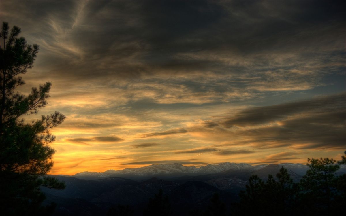 silhouette of trees and mountains during sunset