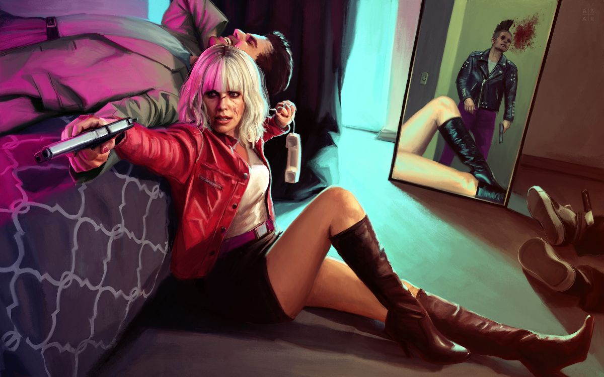 Mujer en Chaqueta de Cuero Rojo y Falda Negra. Wallpaper in 4800x3000 Resolution