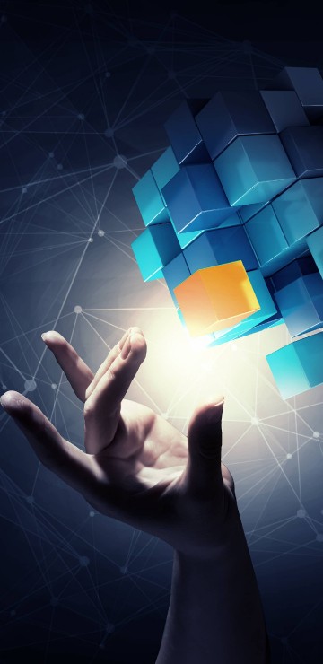 Image persons hand on white and blue square shape light