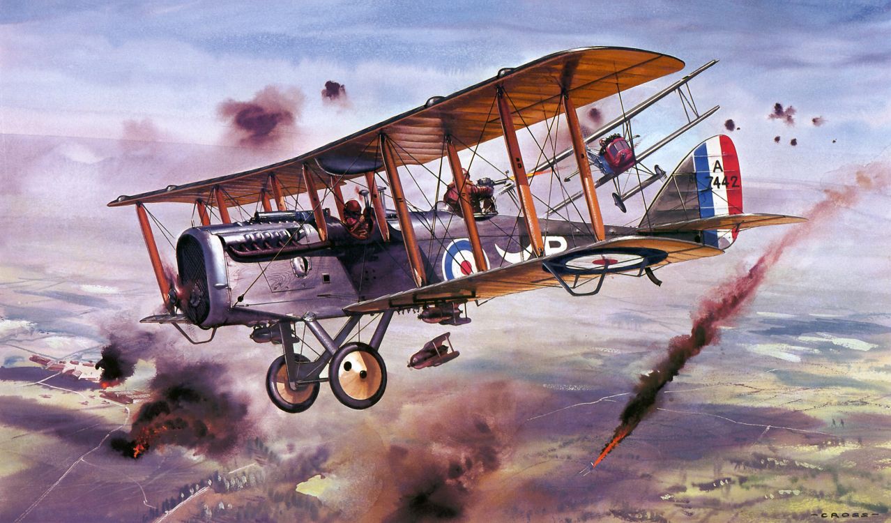 painting, airplane, aircraft, biplane, aviation