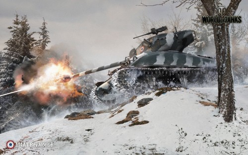 Image gray battle tank on snow covered ground