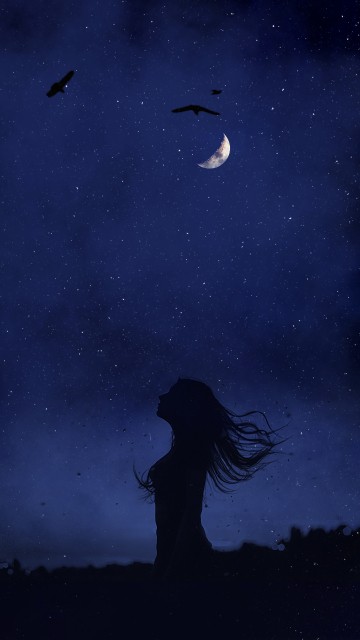Image alone girl dark night, moonlight, night