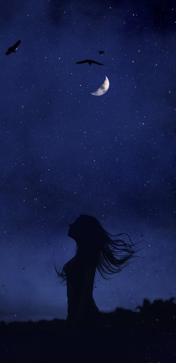 Image alone girl dark night, moonlight, night
