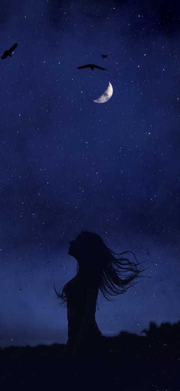 Image alone girl dark night, moonlight, night