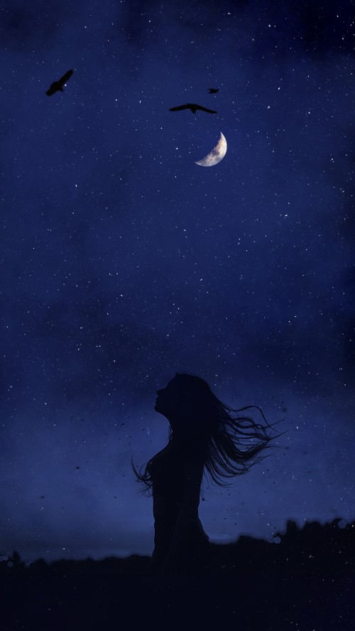 Image alone girl dark night, moonlight, night