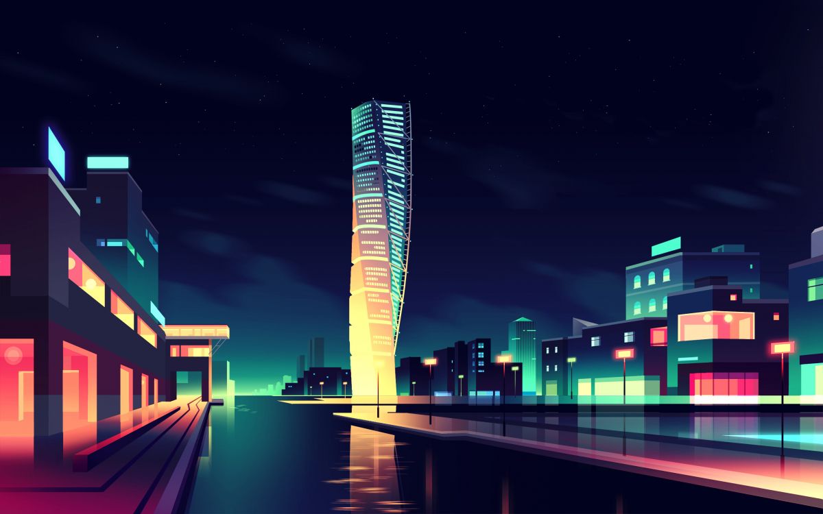 Lighted High Rise Building Near Body of Water During Night Time. Wallpaper in 2880x1800 Resolution