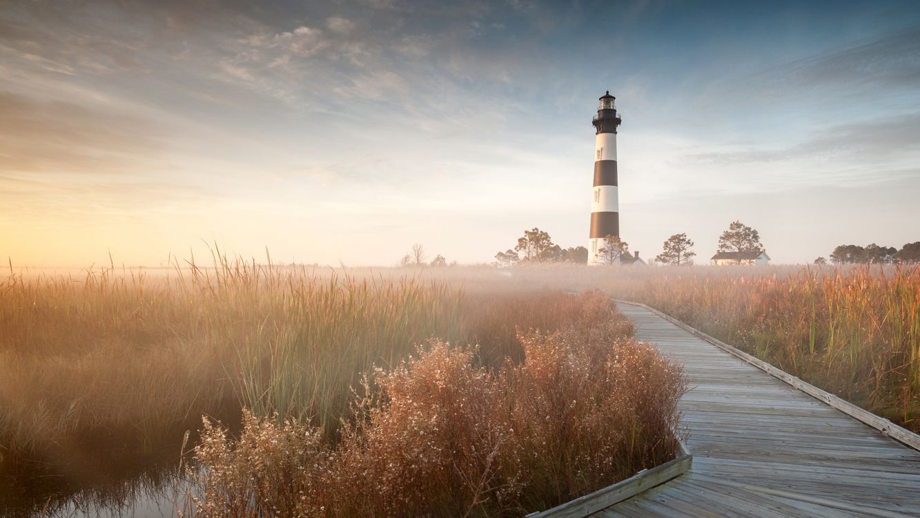 white and black lighthouse near brown trees under white clouds during daytime