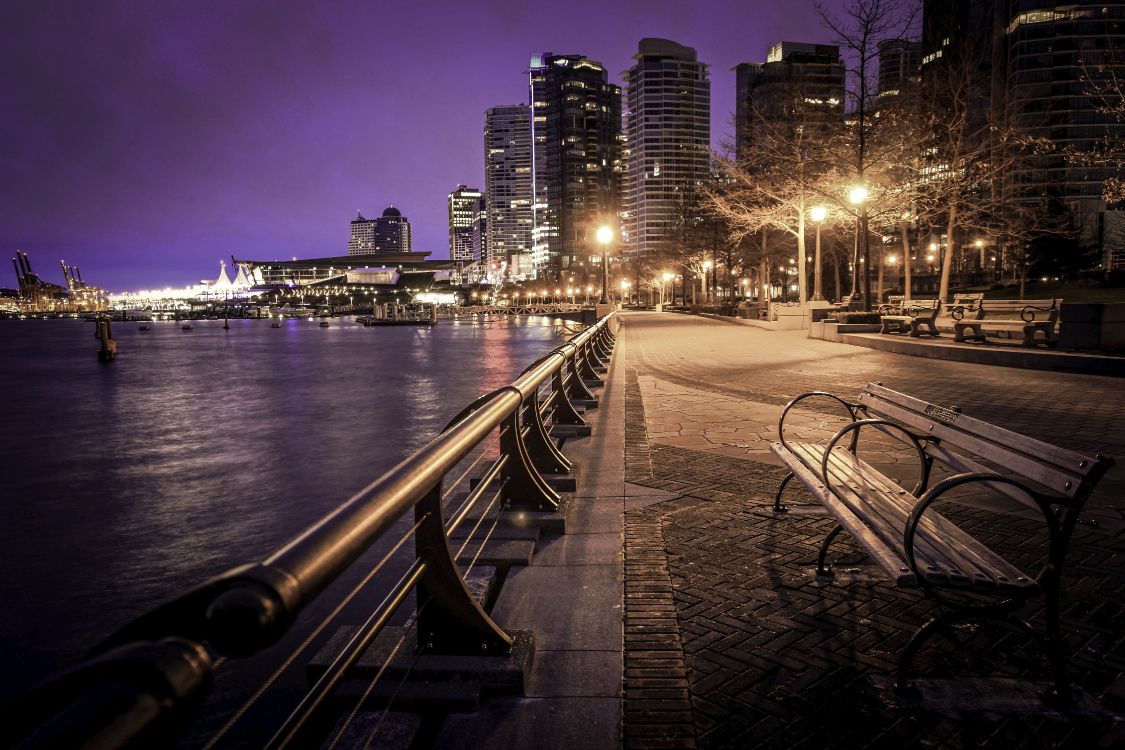 gray concrete bridge near city buildings during night time