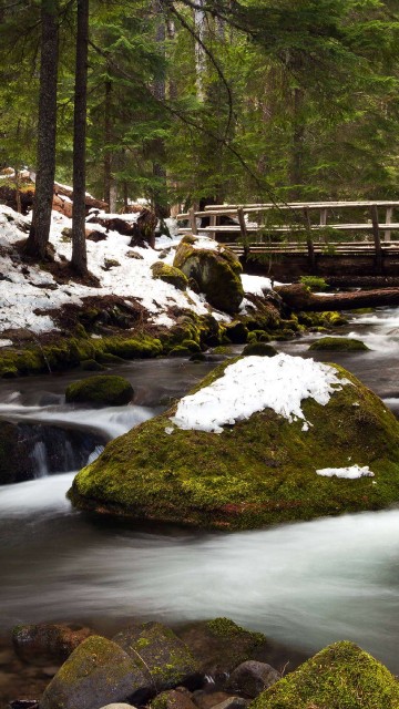 Image water falls with brown wooden bridge