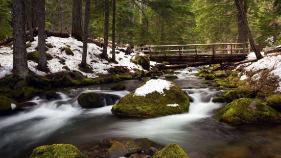 Image water falls with brown wooden bridge