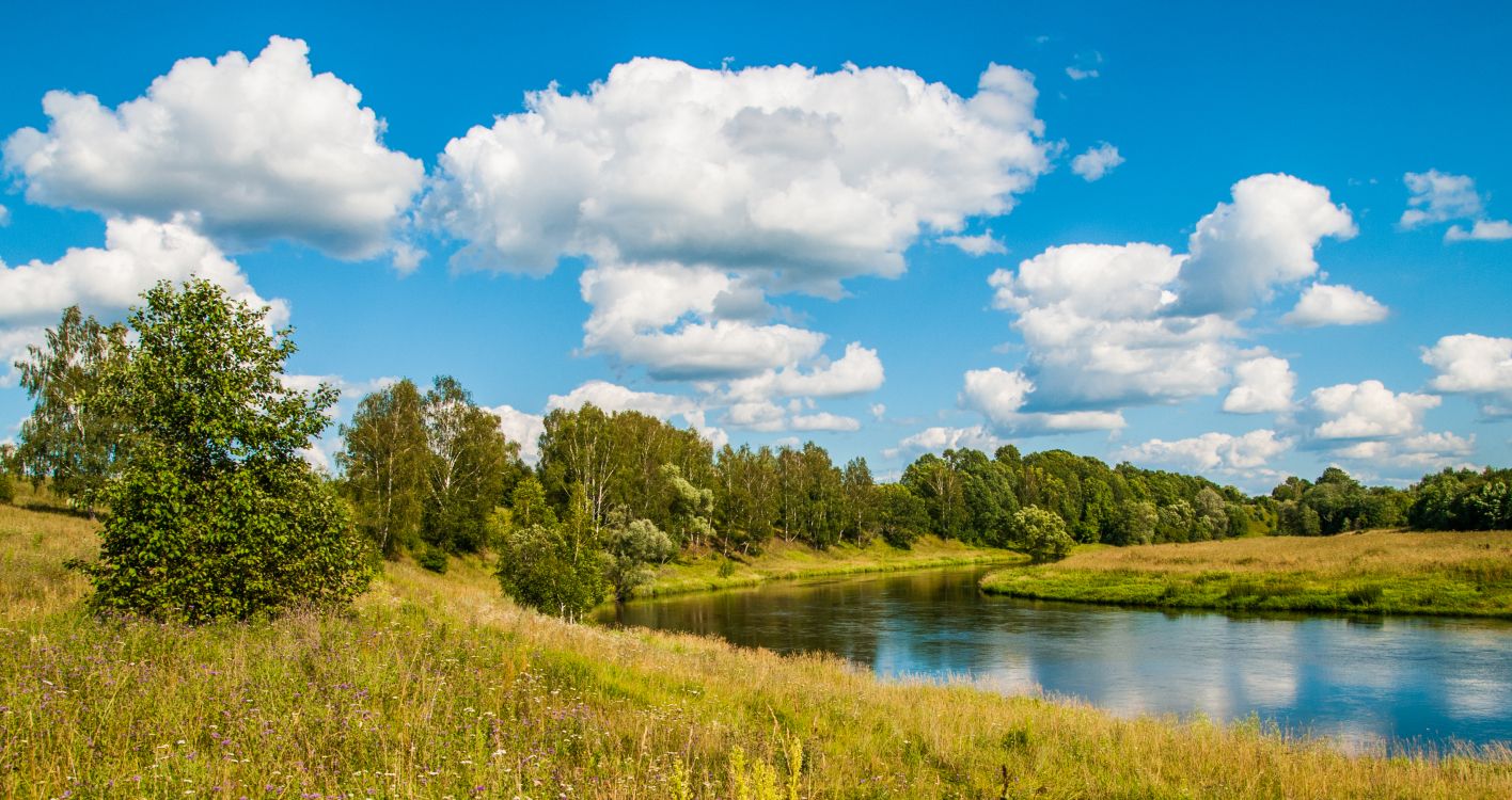 Arbres Verts à Côté de la Rivière Sous Ciel Bleu et Nuages Blancs Pendant la Journée. Wallpaper in 3400x1800 Resolution