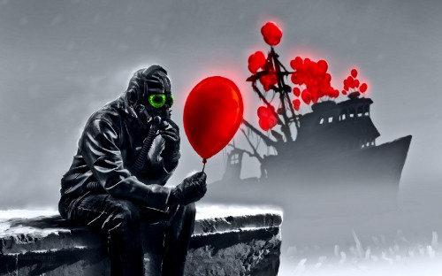 Image man in black jacket holding red balloon