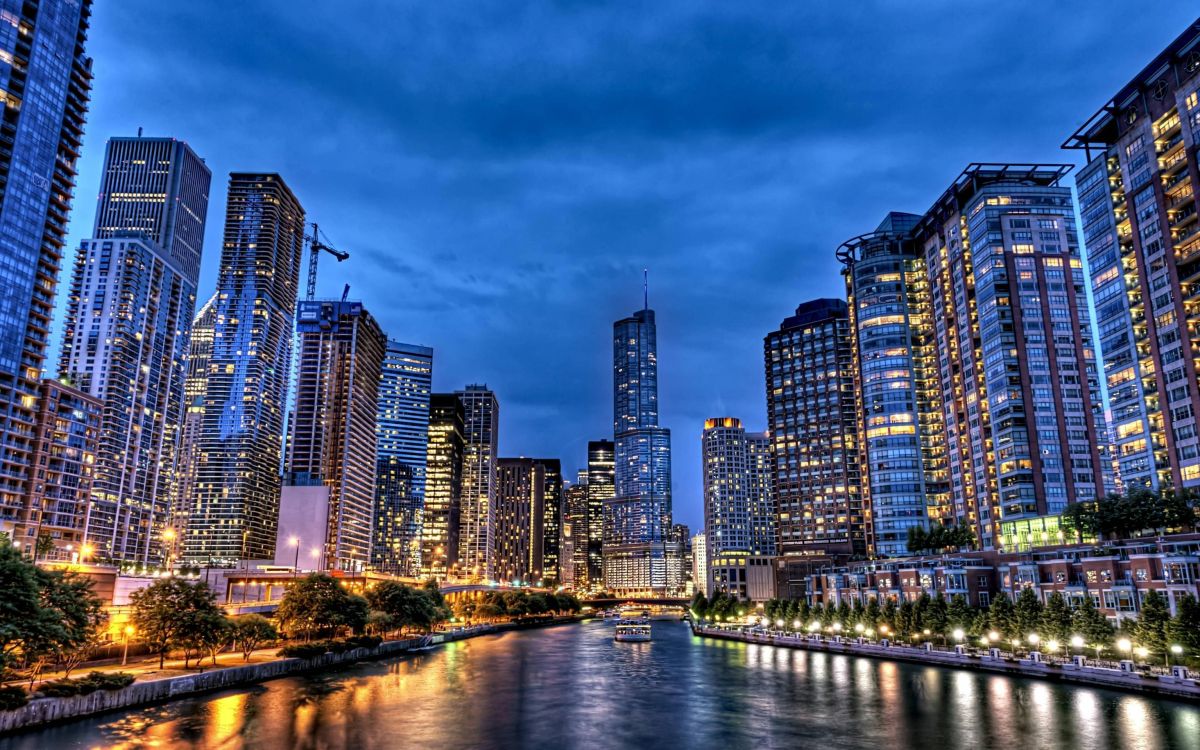 city skyline near body of water during night time