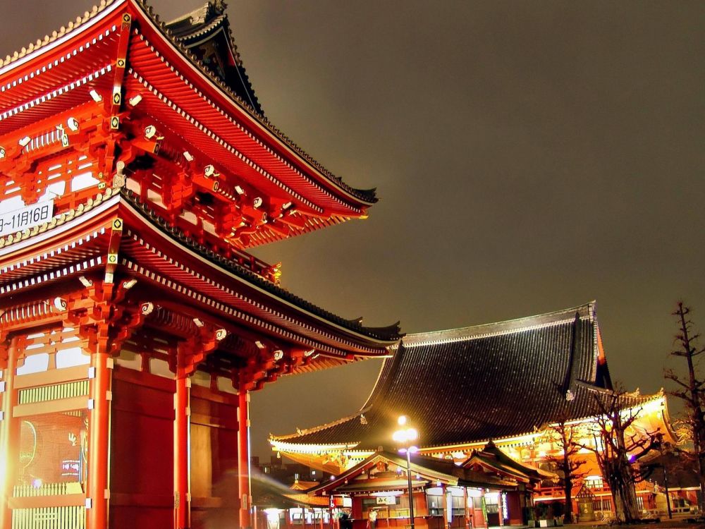 Personnes Marchant Dans la Rue Près du Temple Marron et Rouge Pendant la Nuit. Wallpaper in 2560x1920 Resolution