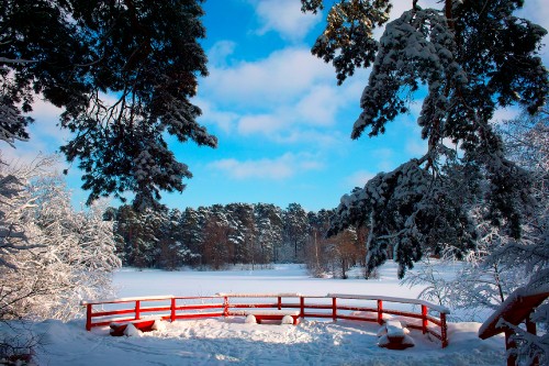 Image red and white bridge over river