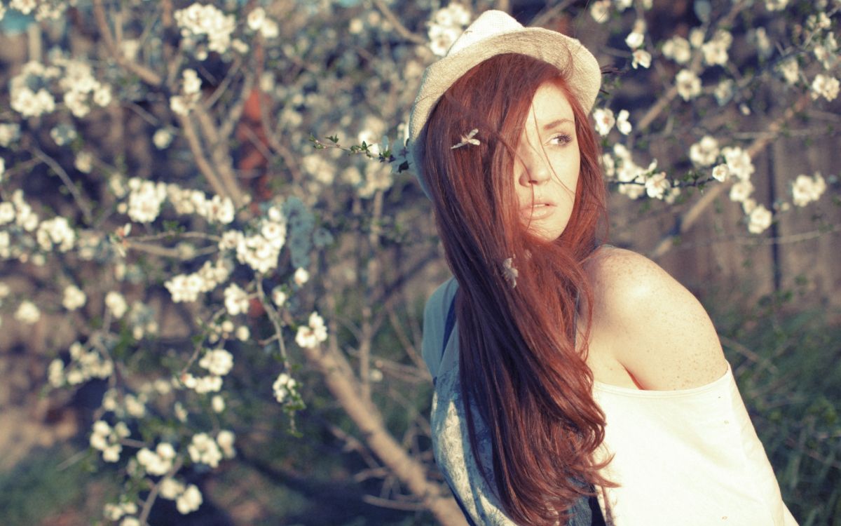 beauty, red hair, hairstyle, girl, tree