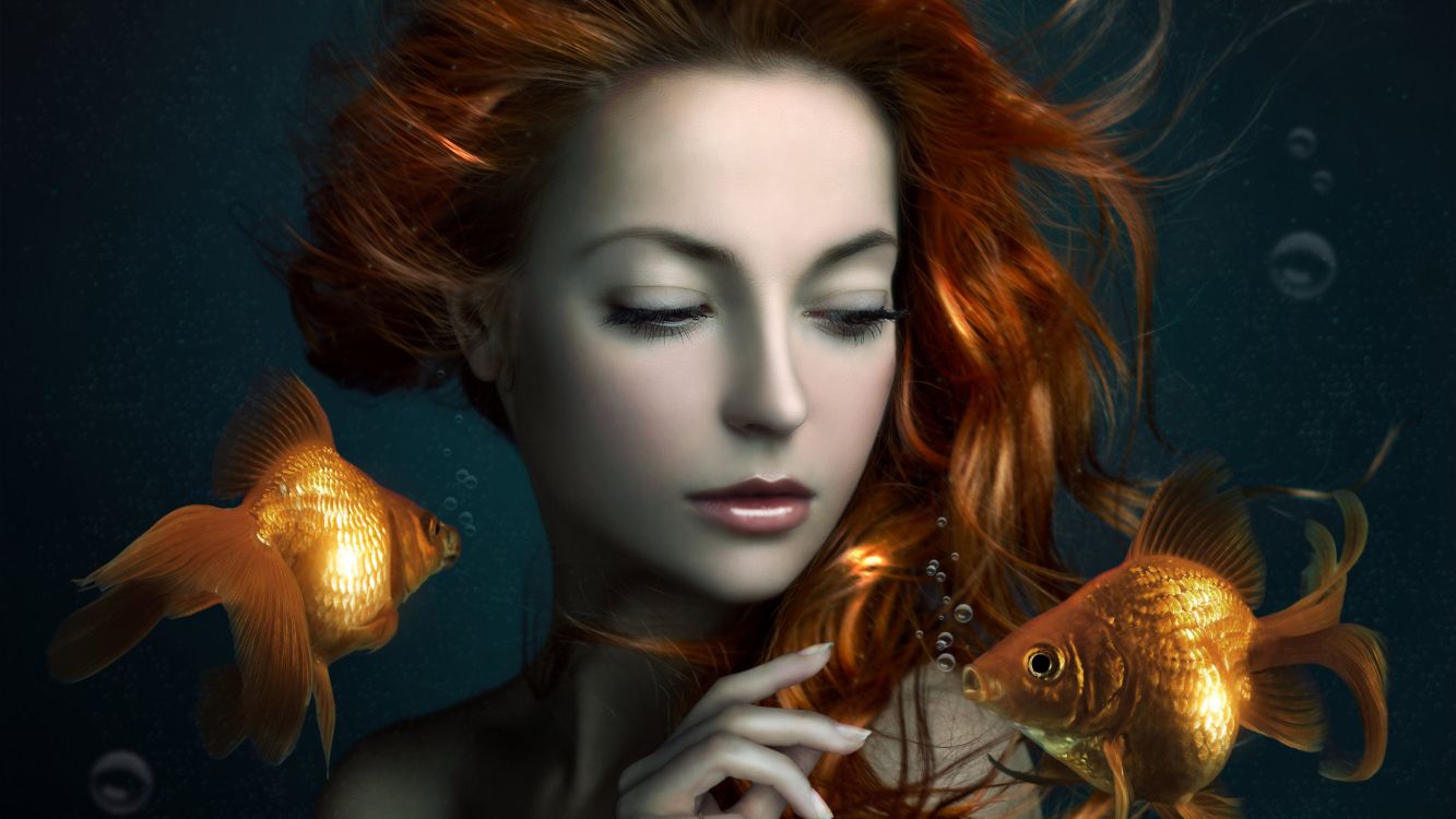 Woman With Red Hair and Orange Fish. Wallpaper in 2738x1540 Resolution