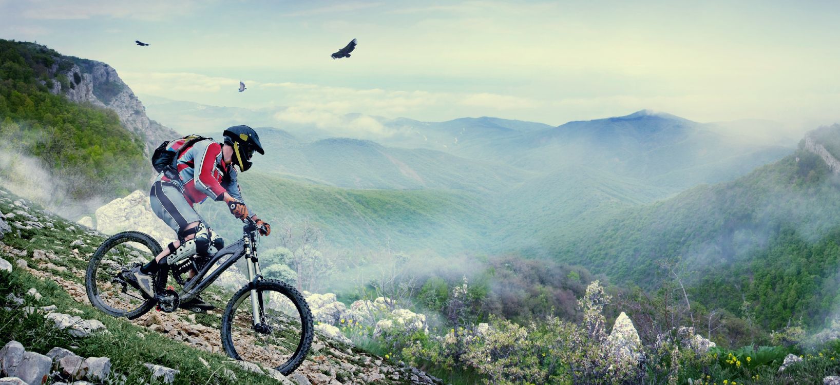 Hombre Con Camisa Naranja Montando Bicicleta en la Montaña Durante el Día. Wallpaper in 5389x2469 Resolution