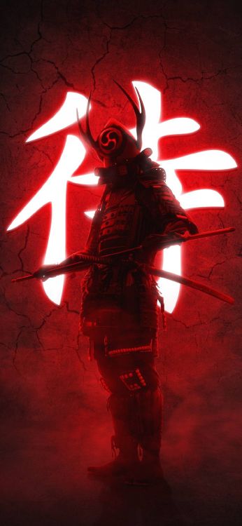 Samurai, Arte, Teléfono, Rojo, Camiseta. Wallpaper in 1080x2340 Resolution