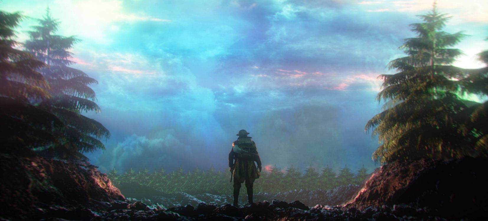 性质, 山站, 气氛, 森林, 阳光 壁纸 4000x1812 允许