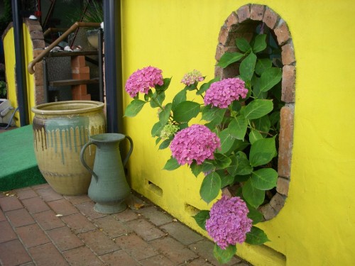 Image purple flowers in blue ceramic vase beside blue ceramic vase