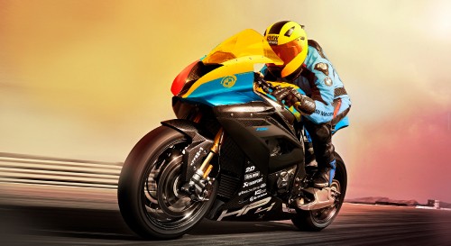 Image man in blue and orange motorcycle suit riding on orange and black sports bike