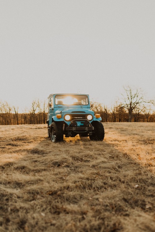 Image blue and white jeep wrangler on brown field during daytime