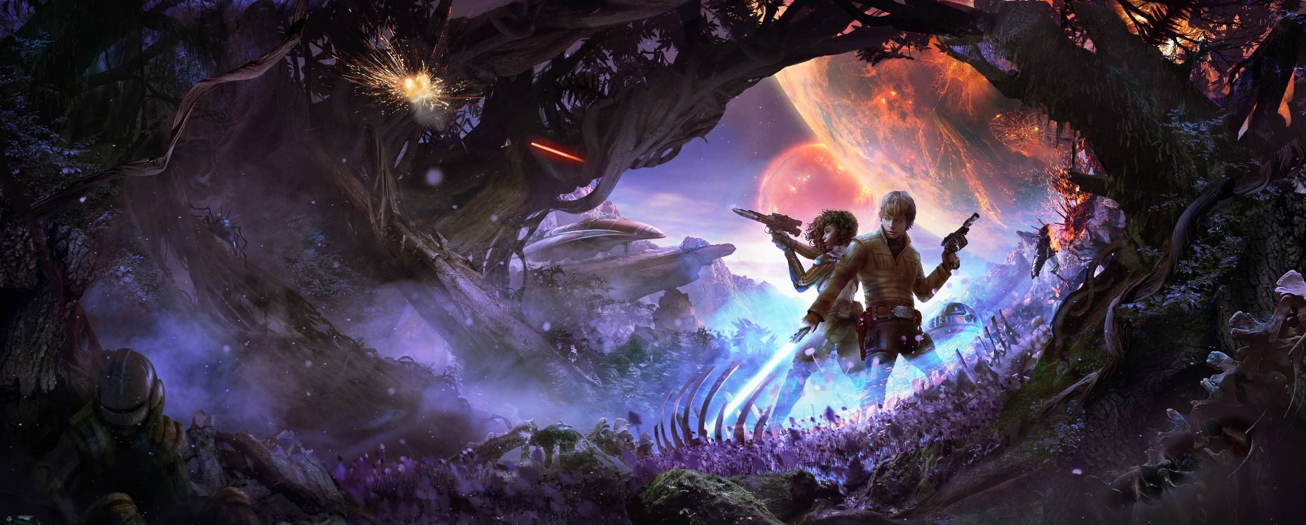 Mann Und Frau Stehen Auf Felsen Mit Feuerwerk. Wallpaper in 3840x1545 Resolution