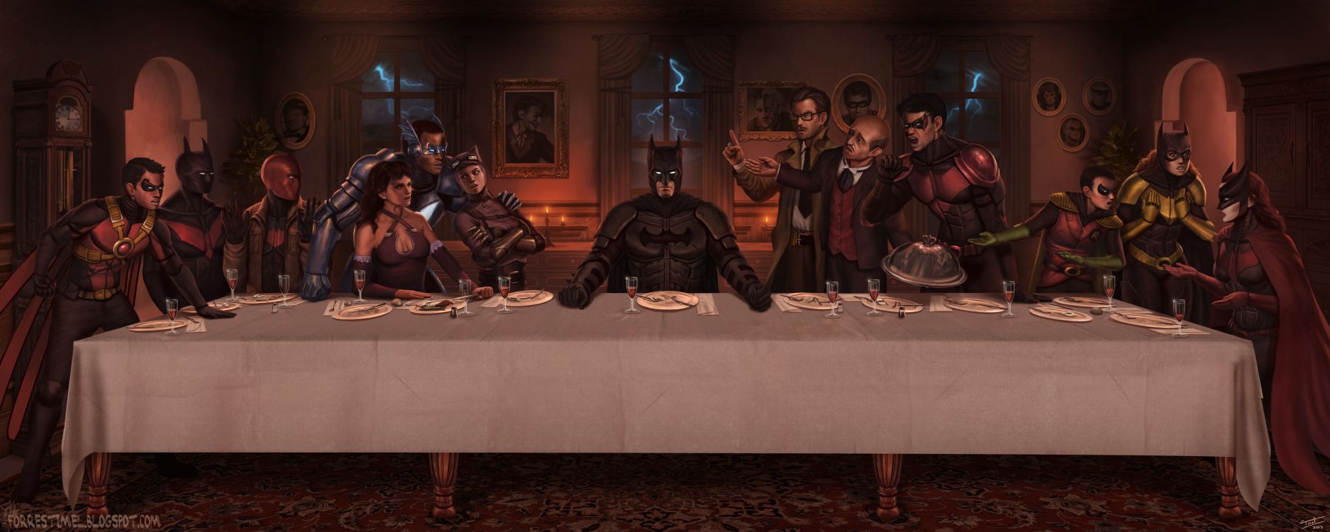 Batman Letztes Abendmahl, Batman, Abendmahl, Robin, Red Hood. Wallpaper in 4000x1600 Resolution