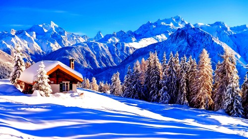 Image brown wooden house on snow covered mountain during daytime