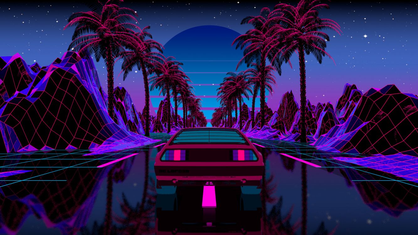 Synthwave, 紫色的, 光, 性质, 黑色的 壁纸 1920x1080 允许